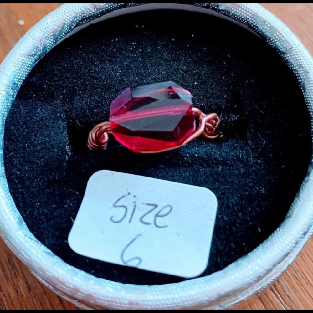 Handcrafted Red Crystal Wire-Wrap Ring - size 6